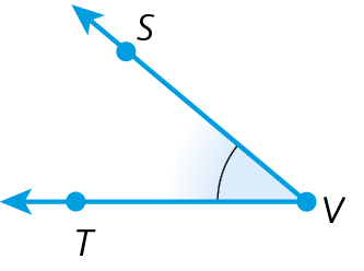 Ilustração. Duas semirretas VS e VT partindo da mesma origem, o ponto V.  Em destaque, o ângulo SVT.
