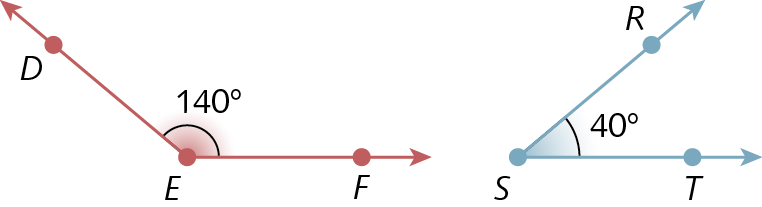 Ilustração. Duas semirretas ED e EF partindo da mesma origem, o ponto E. Destaque para o ângulo interno de 140 graus.

Ilustração. Duas semirretas SR e ST partindo da mesma origem, o ponto S. Destaque para o ângulo interno de 40 graus.