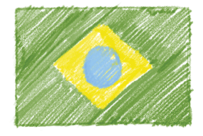 Ilustração. Bandeira do Brasil, como se fosse pintada com lápis de cor. Retângulo verde. Dentro, losango amarelo com círculo azul no centro.