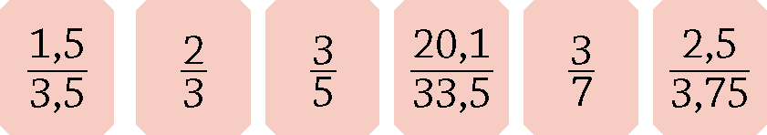 Esquema: da esquerda para a direita, razões em quadros laranjas. Um vírgula cinco sobre três vírgula cinco; dois sobre três; três sobre cinco; vinte vírgula um sobre trinta e três vírgula cinco; três sobre sete; dois vírgula cinco sobre três vírgula setenta e cinco.