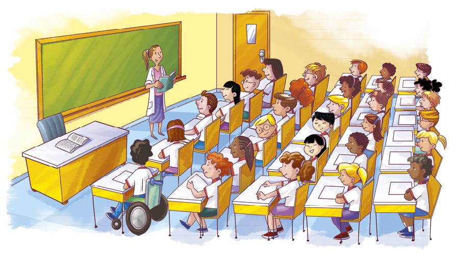Ilustração: uma professora branca, de camiseta rosa, saia azul e jaleco branco está em pé em uma sala de aula, segurando um livro. À sua direita tem uma mesa e uma cadeira, sobre a mesa um livro aberto. À sua esquerda, a porta da sala. Atrás da professora, uma lousa verde. À frente da professora, 30 alunos estão sentados, em 5 fileiras com 6 alunos cada. Sobre as mesas dos alunos está uma folha de papel.