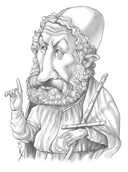 Ilustração: caricatura de Eudoxo de Cnido, representado como um homem de barba, usando uma touca na cabeça e vestindo uma túnica.