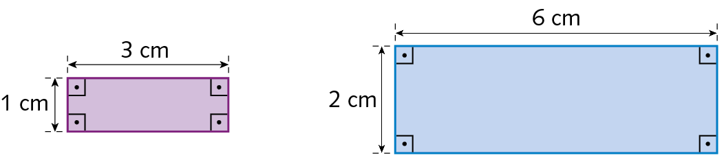Ilustrações. À esquerda, retângulo que mede 3 centímetros de comprimento e 1 centímetro de altura e à direita um retângulo que mede 6 centímetros de  comprimento e 2 centímetros de altura