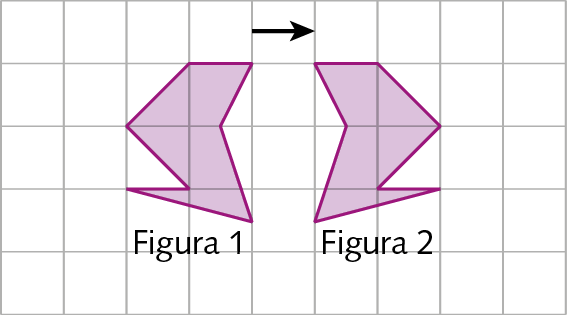 Ilustração. Heptágono e seu simétrico representados em uma malha quadriculada. Acima um vetor horizontal, apontando para a direita e que tem medida da distância equivalente a de um lado de quadradinho. O heptágono da esquerda está identificado como figura 1 e o da direita como figura 2.