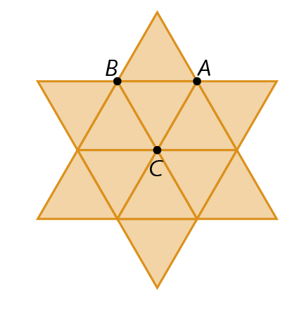 Figura geométrica. A partir de um triângulo equilátero ABC, utilizando rotações foi construída uma estrela de seis pontas formada por 12 triângulos equiláteros.