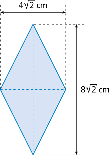 Ilustração. Losango com diagonais medindo 4 vezes raiz quadrada de 2, fim da raiz, centímetros, e 8 vezes raiz quadrada de 2, fim da raiz, centímetros.
