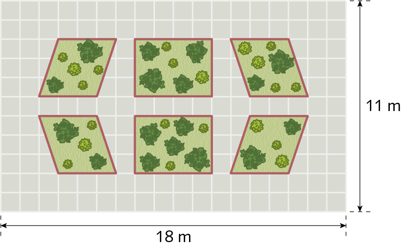 Ilustração. A imagem mostra a vista aérea de um pátio com piso de ladrilhos quadrados cinza. São 18 ladrilhos no comprimento e 11 ladrilhos na largura. O pátio tem 18 metros de comprimento e 11 metros de largura. Sobre o piso, estão desenhados 4 paralelogramos e 2 retângulos com interior verde e com plantas desenhadas. Os paralelogramos têm base ocupando 3 ladrilhos e altura relativa à base ocupando 3 ladrilhos. Os retângulos tem base ocupando 4 ladrilhos e altura relativa à base ocupando 3 ladrilhos.