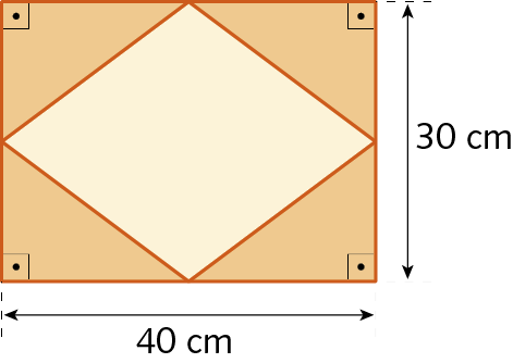 Ilustração. A imagem apresenta um retângulo laranja de lados 30 centímetros e 40 centímetros. Estão desenhados seus 4 ângulos retos. Inscrito nesse retângulo, temos um losango transparente, cujas medidas das diagonais coincidem com as medidas dos lados do retângulo.