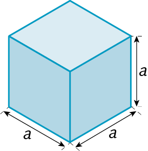 Ilustração. A imagem apresenta um cubo azul, cujo comprimento das arestas mede a.