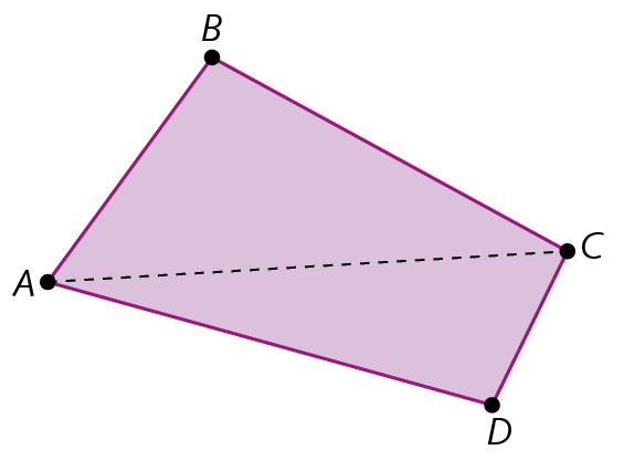Figura geométrica: polígono roxo de 4 lados, com seus vértices marcados com pontos A, B, C e D. Há um segmento de reta pontilhada, ligando os vértices A e C do polígono.