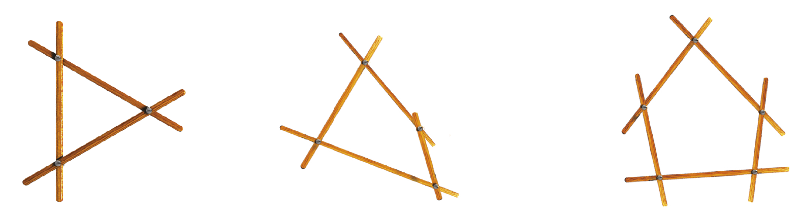 Ilustração: da esquerda para a direita, três varetas formando uma figura semelhante a um triângulo. À direita, quatro varetas formando uma figura semelhante a um quadrilátero. À direita, cinco varetas formando uma figura semelhante a um polígono de cinco lados.