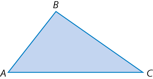 Figura geométrica: triângulo azul, com a marcação dos vértices A, B e C.