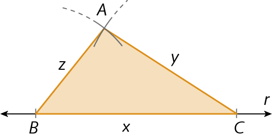 Ilustração. Um triângulo ABC alaranjado, com a base formada pelo segmento de reta BC que tem a reta r como suporte. Há a indicação dos lados x, y e z.