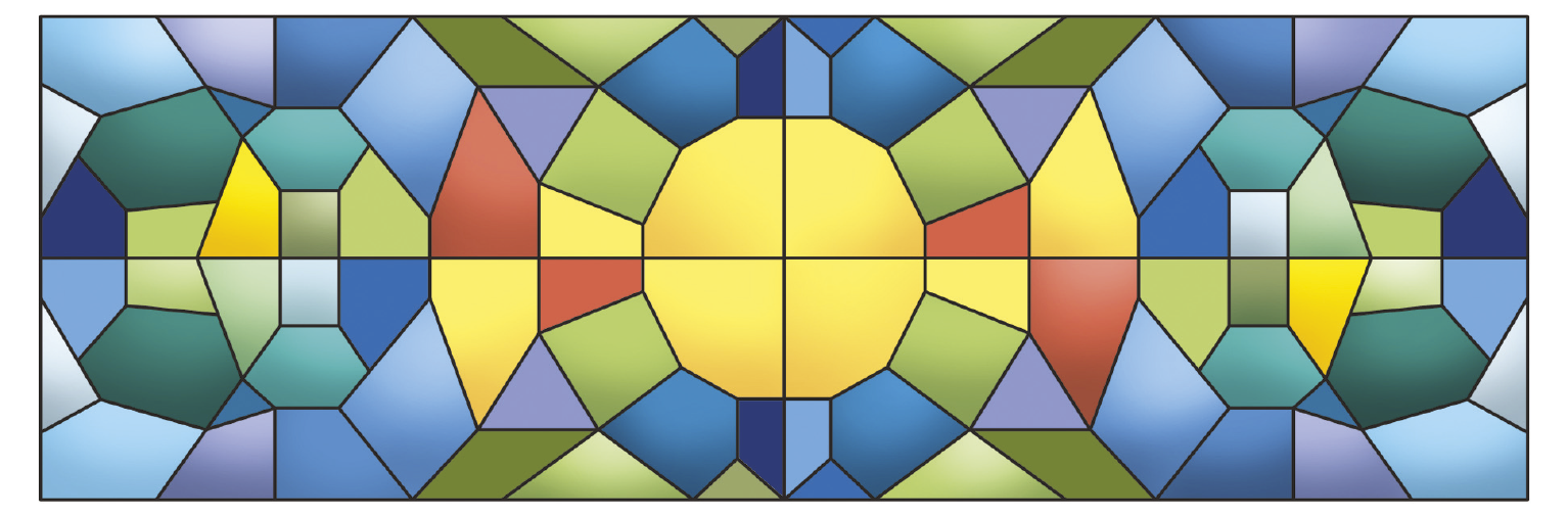 Ilustração: um mosaico formado por vários polígonos coloridos. Há uma simetria entre o lado direito e esquerdo do mosaico.