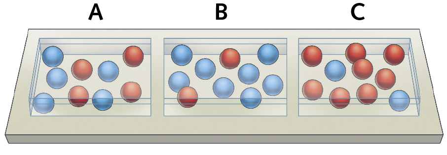 Ilustração. Três bandejas lado a lado, Cada uma, está nomeada, da esquerda para a direita, por A, B e C. A bandeja A tem 5 bolas azuis e 4 bolas vermelhas. A bandeja B tem 8 bolas azuis e 2 bolas vermelhas. A bandeja C tem 2 bolas azuis e 8 bolas vermelhas.