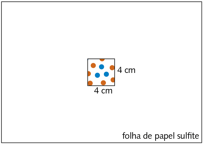 Ilustração. Folha de sulfite com furo quadrado de 4 centímetros de lado colocada sobre o retângulo com bolinhas laranjas e azuis da imagem anterior. Pelo furo é possível identificar 7 bolinhas laranjas e 3 azuis.
