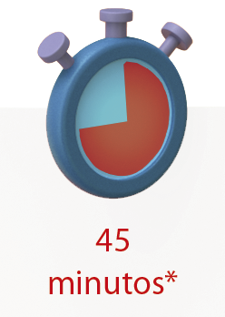 Ilustração. Cronômetro analógico, com o ponteiro tendo se deslocado 3 quartos de volta. Abaixo do cronômetro, a informação: 45 minutos.