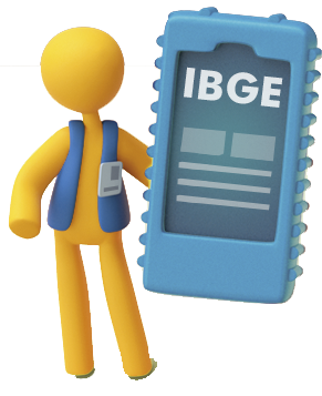 Ilustração. Avatar representando recenseador do IBGE, Ao lado dele, está um computador de mão com a sigla IBGE escrita na tela.