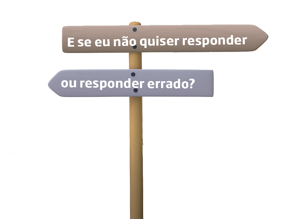 Ilustração. Poste com duas placas apontando para direções diferentes. A placa mais acima, aponta para a direita e traz o  texto: E SE EU NÃO QUISER RESPONDER. A debaixo é cinza, aponta para a esquerda e traz a mensagem: OU RESPONDER ERRADO?.