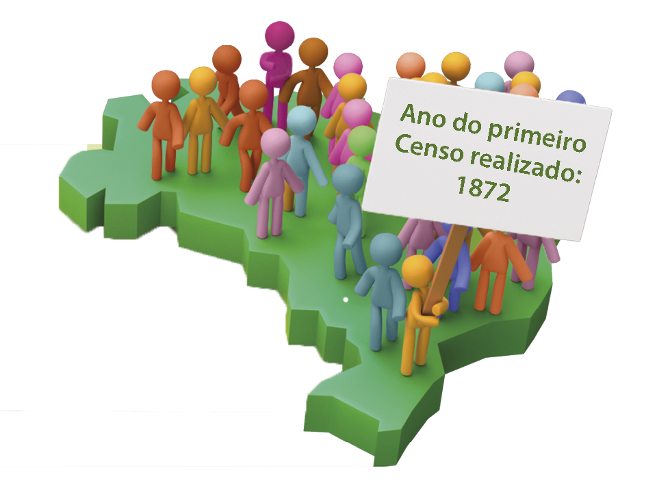 Ilustração. Representação artística do mapa do Brasil. Sobre o mapa há diversos avatares representando pessoas. Um deles segura uma placa com os seguintes dizeres: Ano do primeiro Censo realizado: mil 872.