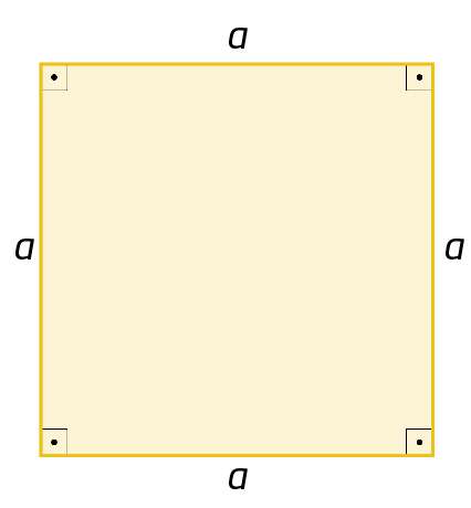 Ilustração. Um quadrado bege com a letra a representando a medida de  cada um dos 4 lados. Cada um dos quatro ângulos internos contém o símbolo de ângulo reto, um quadrado com um ponto no centro.