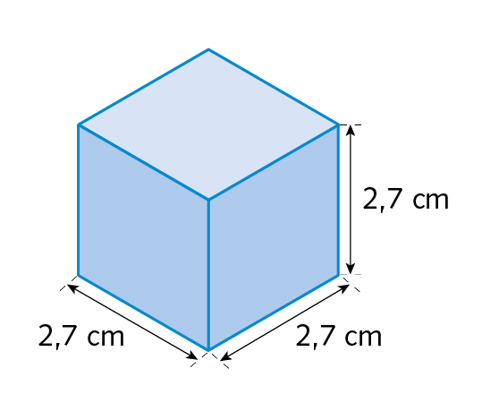 Ilustração. A imagem apresenta um cubo azul, de arestas medindo 2,7 centímetros.