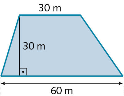 Ilustração. Item b: trapézio azul de medida da base menor 30 metros, medida da base maior 60 metros e medida da altura 30 metros.