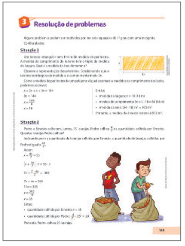 Ilustração. Reprodução em tamanho reduzido de página do livro referente ao tópico Resolução de problemas. É possível identificar a apresentação e resolução de duas situações-problema.