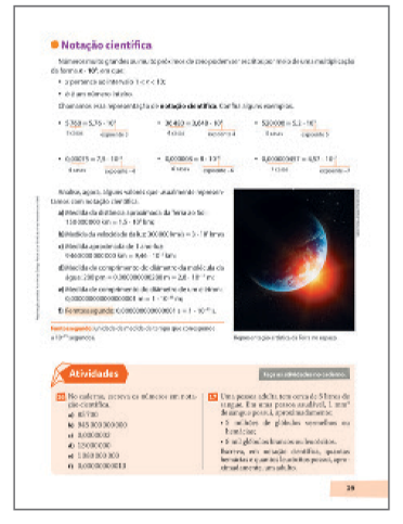 Imagem da página 29 do livro do estudante do capítulo 1 do Volume 9,  referente ao estudo da notação científica. É possível identificar o texto teórico, imagem do planeta Terra e duas atividades.