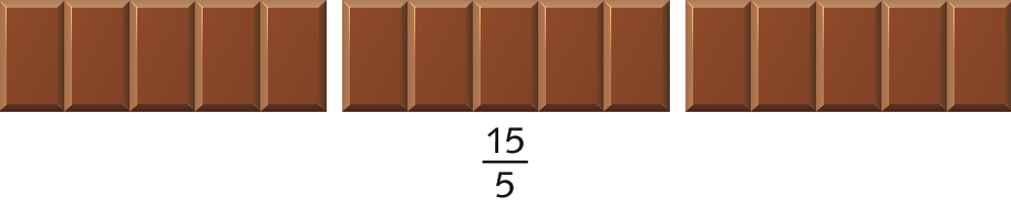 Esquema: Três barras de chocolate divididas em 5 partes iguais cada estão lado a lado. Abaixo da barra do meio, a fração 15 sobre 5.