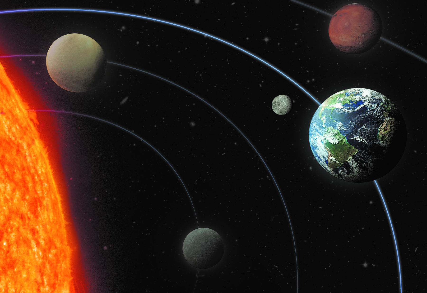 Ilustração. À esquerda, parte da superfície do Sol, ocupando quase toda a lateral esquerda. À sua direita, quatro planetas com formatos redondos, em linhas que representam suas trajetórias ao redor do Sol. O primeiro planeta, mais próximo ao Sol, posicionado na parte de baixo e central da imagem é cinza e pequeno. O segundo planeta é bege e maior que o primeiro, e se encontra no canto superior esquerdo. O terceiro é a Terra, com oceanos azuis, porções de terra verdes e nuvens, e a Lua representada por um pequeno círculo cinza. A Terra se encontra no centro da lateral direita da imagem e é o maior planeta dentre os representados. Por último, no canto superior direito, se encontra um planeta vermelho, de dimensões similares ao segundo planeta.