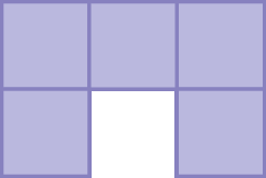 Figura geométrica: Figura com três quadrados acima e dois quadrados abaixo.