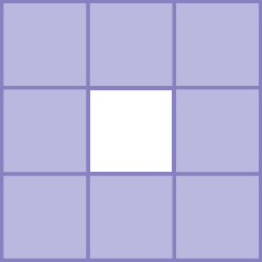 Figura geométrica: quadrado dividido em 9 quadrados do mesmo tamanho. O quadrado central é branco e os outros 8 quadrados são lilás.