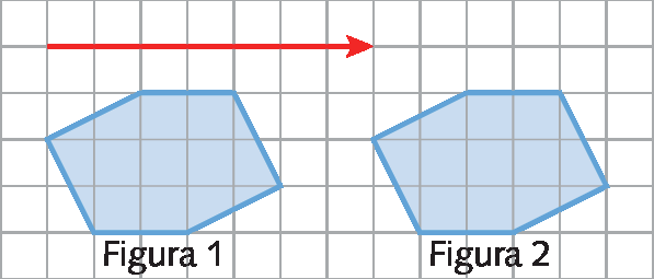 Malha quadriculada. Figura 1. Figura azul de seis lados. À direita, figura 2 de seis lados, semelhante a figura 1. Acima da figura 1, seta vermelha horizontal para direita.