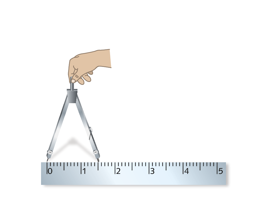 Ilustração: Uma régua milimetrada de 5 centímetros. Uma mão branca segura um compasso. A ponta seca do compasso está sobre o número 0 na régua. A ponta com grafite está sobre o 1,5 centímetros da régua.