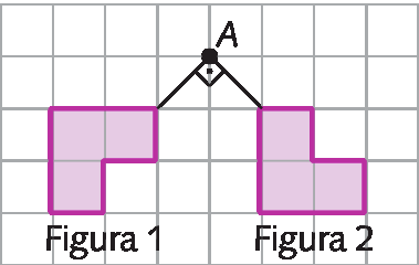 Malha quadriculada. Figura 1. Figura rosa composta por dois quadrados verticais e um quadrado à direita. Ao lado, figura 2. Figura rosa semelhante a figura 1. Acima das figuras, uma reta de cada se une acima em A, formando ângulo reto.