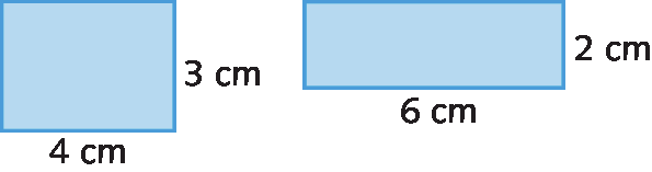 Figura geométrica: Retângulo azul com indicações de que o lado maior mede 4 centímetros e o lado menor 3 centímetros.  Figura geométrica: Retângulo azul com indicações de que o lado maior mede 6 centímetros e o lado menor 2 centímetros.