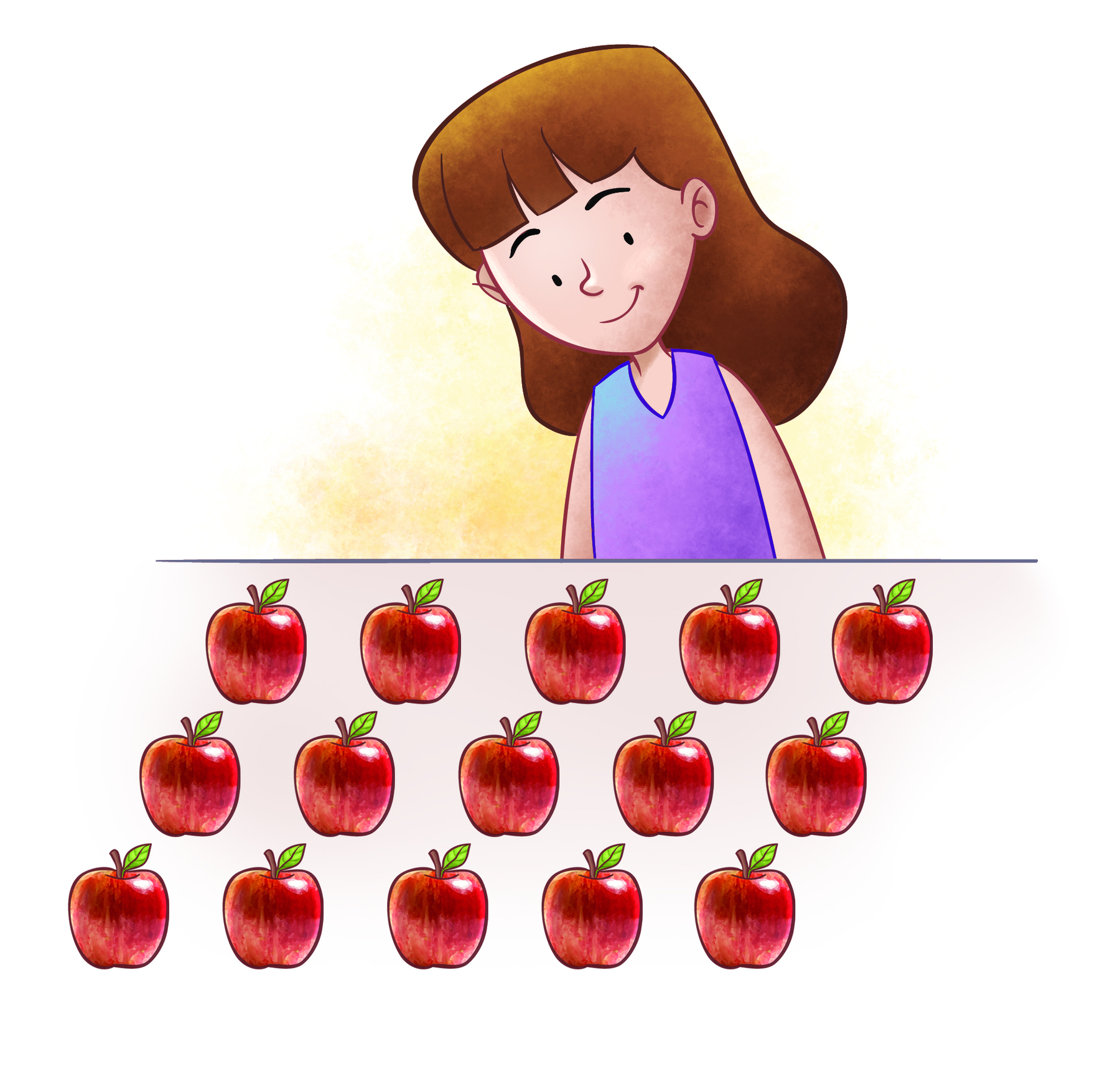 Ilustração. Menina branca de cabelo castanho, liso, com franja, sua blusa é roxa e ela olha para 15 maçãs dispostas em 3 fileiras e cinco colunas.