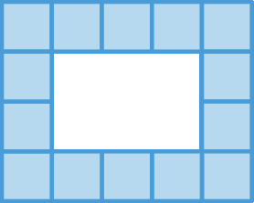 Figura geométrica: Retângulo composto por quatorze quadradinhos azuis em seu retorno e vazado no centro.