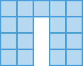 Figura geométrica: Figura composta por quadrados azuis. Na primeira e segunda colunas, quatro quadradinhos. Na terceira coluna, um quadradinho. Na quarta e quinta colunas, quatro quadradinhos.