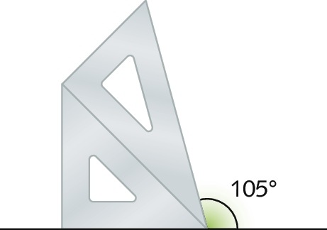 Esquema: Reta horizontal. Acima, dois esquadros unidos formando ângulo de 105 graus com a reta horizontal à direita.