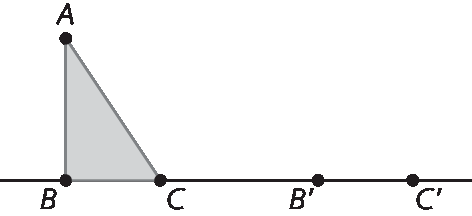 Figura geométrica: reta horizontal que passa pelos pontos B, C, B linha e C linha. Sobre a reta há um triângulo cinza que tem sua base entre os pontos B e C e um de seus vértices A.
