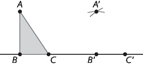 Figura geométrica: reta horizontal que passa pelos pontos B, C, B linha e C linha. Sobre a reta há um triângulo cinza que tem sua base entre os pontos B e C e um de seus vértices A. Há um ponto A linha na mesma direção do ponto B linha e do vértice A do triângulo
