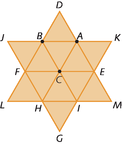 Figura geométrica: Hexágono ABFHIE. No centro, ponto C. Em cada lado, um triângulo: ABD, AEK, EIM, IGH, FHL e BFJ.