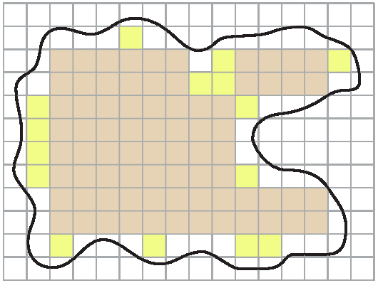 Ilustração. Esta imagem é igual à segunda, a do retângulo dividido em quadrados e com um linha fechada desenhada no seu interior e com os 19 quadrados completos no interior pintados. Nesta imagem ele dividiu cada quadrado em 4 quadradinhos, ou seja, a figura agora tem 16 quadradinhos de comprimento e 12 quadradinhos de largura, num total de 192 quadradinhos. Quando a divisão terminou, os 19 quadrados bege tinham se transformado em 76 quadradinhos bege e, na região interna da figura, surgiram 15 quadradinhos completos que não estavam pintados de bege. Então foram coloridos de amarelo.