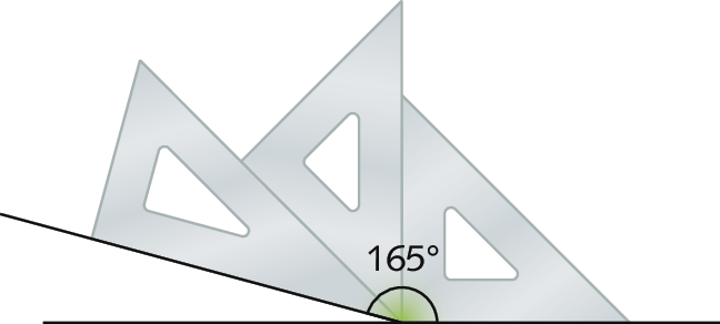 Esquema: Reta horizontal. Acima, três esquadros unidos formando ângulo de 165 graus com no centro da reta