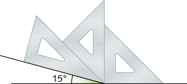 Esquema: Reta horizontal. Acima, três esquadros unidos formando ângulo de 15 graus com a reta horizontal à esquerda.