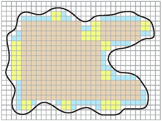Ilustração. Esta imagem é igual à terceira, a do retângulo dividido em quadrados e com um linha fechada desenhada no seu interior e com os 76 quadradinhos completos no interior pintados de bege e 15 pintados de amarelo. Nesta imagem  cada quadradinho foi dividido em 4 quadradinhos menores, ou seja, a figura agora passou a ter 32 quadradinhos de comprimento e 24 quadradinhos de largura, num total de 768 quadradinhos. Quando a divisão terminou, a parte interna passou a ter 304 quadradinhos bege e 60 quadradinhos amarelos e, na região interna da figura, surgiram 62 quadradinhos completos que não estavam pintados, nem de bege, nem de amarelo. Então, esses 62 quadradinhos foram coloridos de azul.