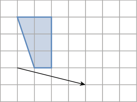 Esquema. Malha quadriculada composta  por 6 linhas e 8 colunas. Dentro dela, há um trapézio azul e um vetor de translação. O primeiro vértice do trapézio está localizado no vértice direito inferior do primeiro quadradinho da primeira linha, de cima para baixo, da malha quadriculada. O segundo vértice se encontra no vértice direito inferior do terceiro quadradinho da primeira linha, de cima para baixo, da malha quadriculada. O terceiro vértice está localizado no vértice direito inferior do terceiro quadradinho da quarta linha, de cima para baixo, da malha quadriculada. O quarto vértice está localizado no vértice direito inferior do segundo quadradinho da quarta linha, de cima para baixo, da malha quadriculada. O início da seta que representa o vetor de translação está localizada no vértice direito inferior do primeiro quadradinho da quarta linha, de cima para baixo, da malha quadriculada. A ponta da seta que representa o vetor de translação está localizada no vértice direito inferior do quinto quadradinho da quinta linha, de cima para baixo, da malha quadriculada.