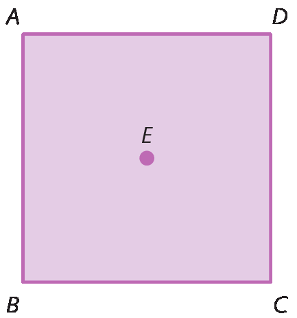 Figura geométrica. Quadrado ABCD com centro indicado pelo ponto E.
